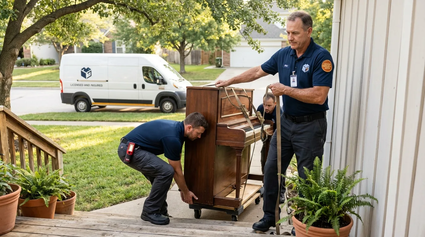 Licensed piano movers securing grand piano in Perryville, MD