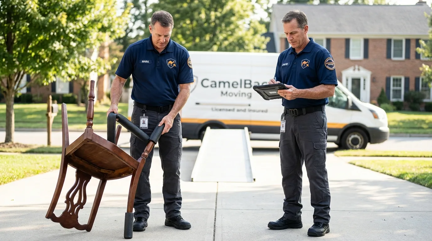 Movers inspecting furniture for damage prevention before loading in Perryville, MD
