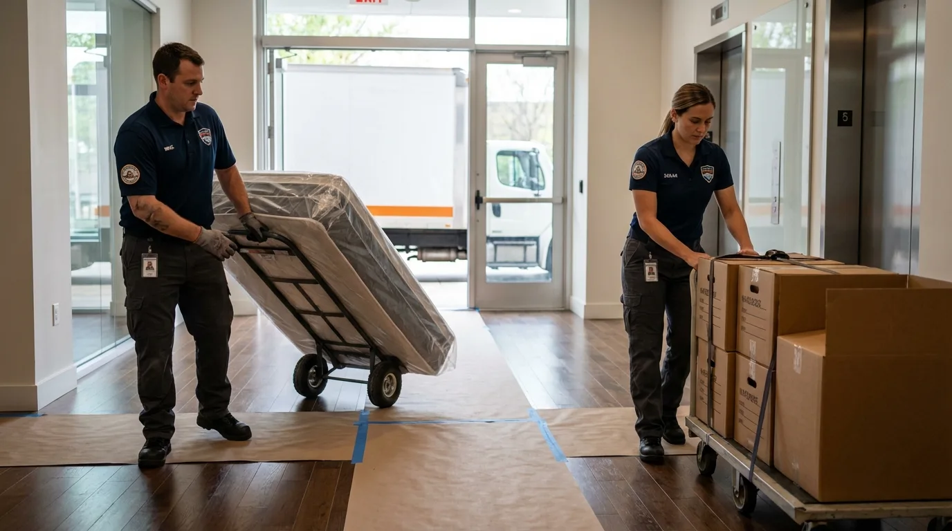 Professional apartment movers loading elevator in Perryville, MD