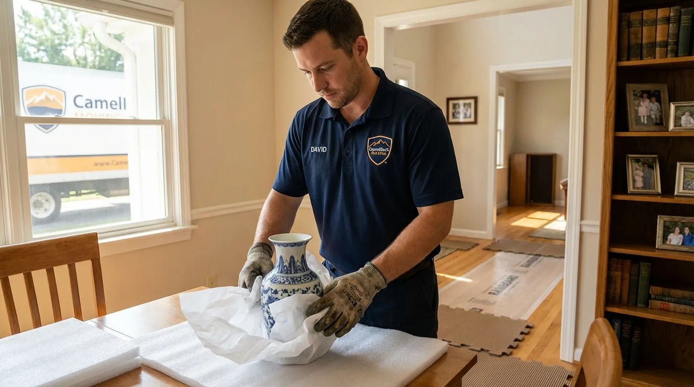 Professional crew carefully wrapping antique vase for senior downsizing move in Perryville, MD